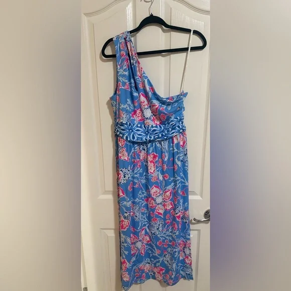 Lilly Pulitzer Blue One-Shoulder Floral Midi Dress - Picture 3 of 9